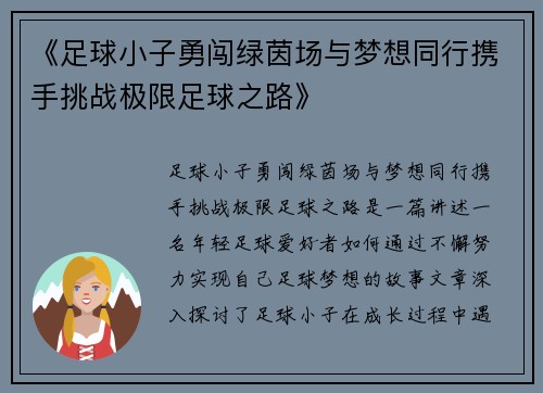 《足球小子勇闯绿茵场与梦想同行携手挑战极限足球之路》