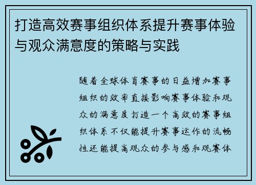 打造高效赛事组织体系提升赛事体验与观众满意度的策略与实践