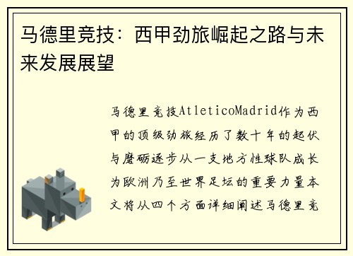 马德里竞技：西甲劲旅崛起之路与未来发展展望
