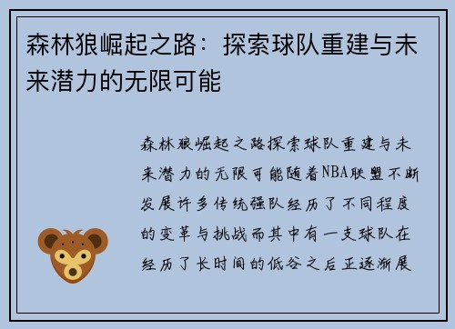 森林狼崛起之路：探索球队重建与未来潜力的无限可能