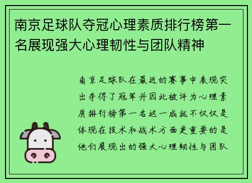 南京足球队夺冠心理素质排行榜第一名展现强大心理韧性与团队精神